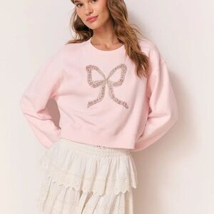 LoveShackFancy Pale Pink Crystal Bow Cropped Sweatshirt